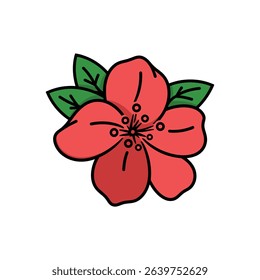 A digitally created cartoon style depiction of a peach blossom, featuring coral petals and dark green leaves with a black outline on a white background.
