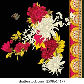digitally created floral design featuring a cluster of red and white flowers with yellow foliage on a black background, decorative border on the right side, for textile, wallpaper, gift wrapping.