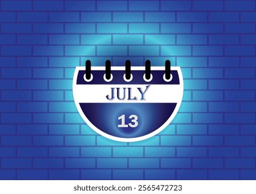 A digitally created image of a calendar page highlighting July 13th, set against a backdrop of a blue brick wall. The calendar is illustrated with a modern, minimalist design.