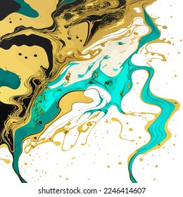 Una textura de mármol de creación digital que se asemeja a la tinta de goteo con color turquesa, negro y dorado.
