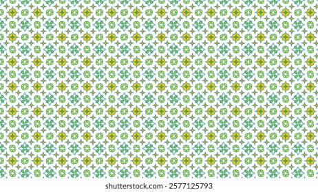 A digitally created seamless pattern featuring repetitive green and yellow geometric shapes. Perfect for use in backgrounds, wallpapers, textiles, and graphic designs requiring an intricate and vibran