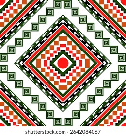  A digitally created seamless pattern featuring a strong central rhombus design surrounded by intricate geometric elements. The color palette primarily consists of white, black, deep green, red, and s