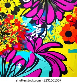 A digitally created, surface textile background design with groovy retro style flowers.
