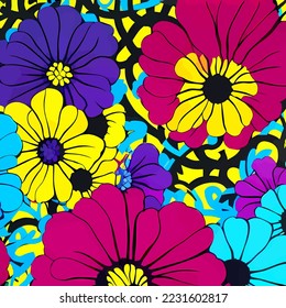 A digitally created, surface textile background design with groovy retro style flowers.
