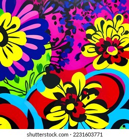 A digitally created, surface textile background design with groovy retro style flowers.
