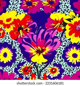 A digitally created, surface textile background design with groovy retro style flowers.
