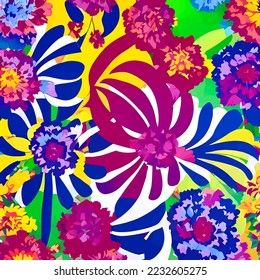 A digitally created, surface textile background design with groovy retro style flowers.
