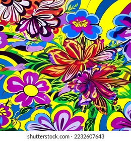 A digitally created, surface textile background design with groovy retro style flowers.
