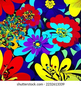 A digitally created, surface textile background design with groovy retro style flowers.
