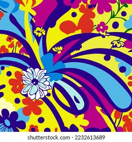 A digitally created, surface textile background design with groovy retro style flowers.
