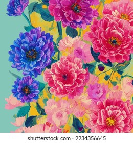 A digitally created, surface textile background design with colorful traditional style flowers.
