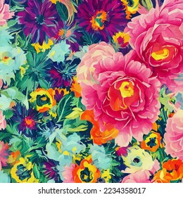 A digitally created, surface textile background design with colorful traditional style flowers.
