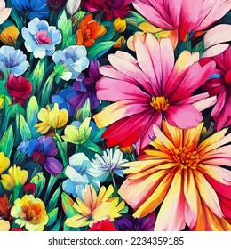 A digitally created, surface textile background design with colorful traditional style flowers.
