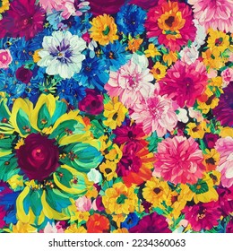 A digitally created, surface textile background design with colorful traditional style flowers.
