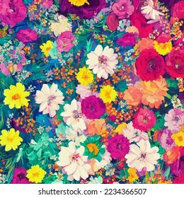 A digitally created, surface textile background design with colorful traditional style flowers.
