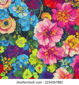 A digitally created, surface textile background design with colorful traditional style flowers.
