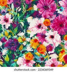 A digitally created, surface textile background design with colorful traditional style flowers.
