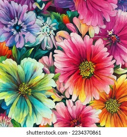 A digitally created, surface textile background design with colorful traditional style flowers.
