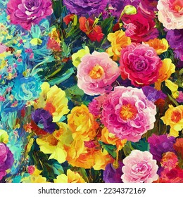 A digitally created, surface textile background design with colorful traditional style flowers.
