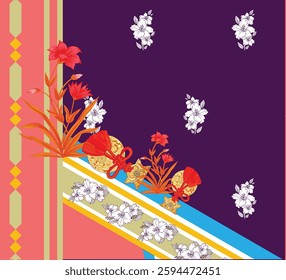 A digitally created textile design featuring floral elements and geometric patterns on a purple and multicolored background, for textile, wallpaper, gift wrapping, print
