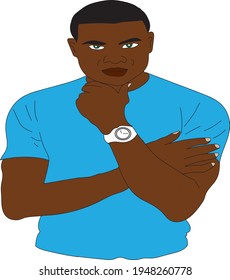 Digitale Vektorgrafik. Schwarzer Mann, junger Mann auf blauem T-Shirt, grüne Augen, in pensiver Pose, auf weißem Hintergrund.