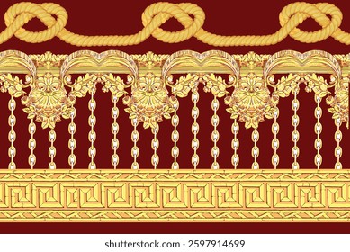 digitally designed textile pattern featuring golden baroque ornamentation, chains, rope, and a meander border against a maroon background, for textile, wallpaper, gift wrapping.