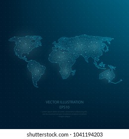 Digitally drawn blue world map in the form of a starry sky or space low poly wire frame on dark blue background. Abstract connection lines polygon with geometry triangle.