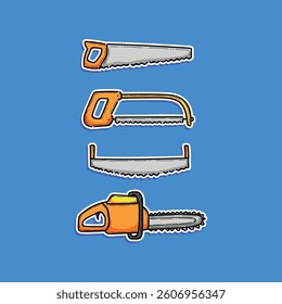 Digitally drawn collection of various types of saws illustrated on a blue background. Vibrant and colorful design suited for educational, artistic, or construction-related themes.