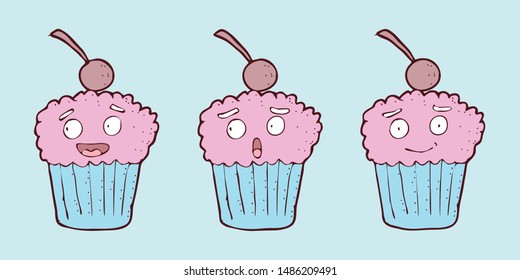 digitally drawn illustration cupcake character design. hand drawing style