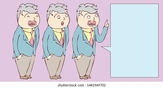 digitally drawn illustration gesture Explainer business man character design with speech bubble. Place for your text. template for your business or education concept project. hand drawing style