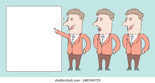digitally drawn illustration gesture Explainer business man character design with speech bubble. Place for your text. template for your business or education concept project. hand drawing style
