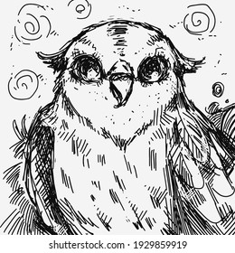 Digitally drawn illustration. Graphic style. Can be used as tattoo, print or background. Owl drawing. 