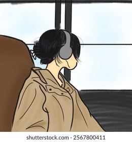 A digitally drawn image of a woman wearing headphones, sitting on a bus, gazing outside through the window, evoking feelings of tranquility and introspection, a perfect depiction of travel