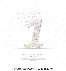Digitally drawn number one low poly wire frame on white background. Abstract connection lines polygon with geometry triangle.