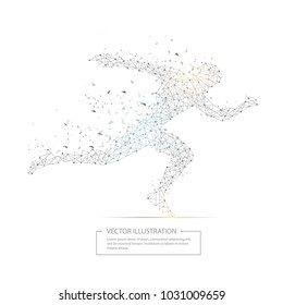 Digitally drawn running man black low poly wire frame on white background. Abstract connection lines polygon with geometry triangle.