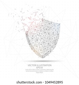 Digitally drawn shield low poly wire frame on white background. Abstract connection lines polygon with geometry triangle.