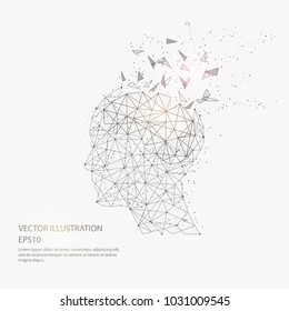 Digitally drawn thinkers head and brain black low poly wire frame on white background. Abstract connection lines polygon with geometry triangle.