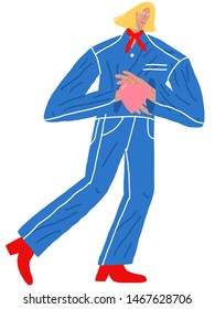 Digitally drawn vector illustration with a boy. Image of a boy in blue overall with pink heart in his hands