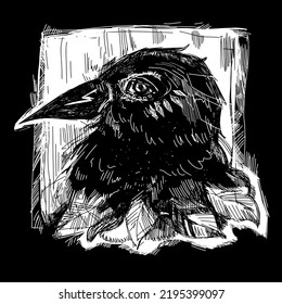 Digitally Drawn Vector Illustration. Graphic Vintage Design With Dark Raven Art. Crow Ink Drawing.