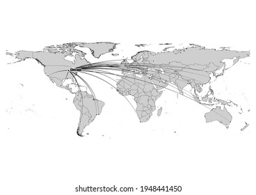 Digitally editable vector map showing  Chicago, United States of America's position on the world map, and its connections with other major cities. File is suitable for editing and printing of all size