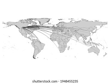 Digitally editable vector map showing  Calgary, Canada's position on the world map, and its connections with other major cities. File is suitable for editing and printing of all sizes.