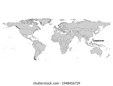 Digital bearbeitbare Vektorkarte, die Cagayan de Oro, die Position der Philippinen auf der Weltkarte und ihre Verbindungen zu anderen Großstädten zeigt. Die Datei eignet sich für die Bearbeitung und den Druck aller Größen.