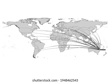 Digitally editable vector map showing  Brisbane, Australia's position on the world map, and its connections with other major cities. File is suitable for editing and printing of all sizes.