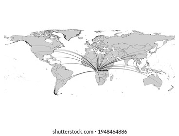 Digitally editable vector map showing  Brazzaville, Congo (Brazzaville)'s position on the world map, and its connections with other major cities. File is suitable for editing and printing of all sizes