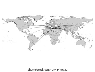 Digitally editable vector map showing  Benghazi, Libya's position on the world map, and its connections with other major cities. File is suitable for editing and printing of all sizes.
