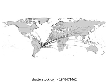Digitally editable vector map showing  Belo Horizonte, Brazil's position on the world map, and its connections with other major cities. File is suitable for editing and printing of all sizes.