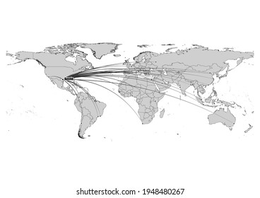 Digitally editable vector map showing  Austin, United States of America's position on the world map, and its connections with other major cities. File is suitable for editing and printing of all sizes