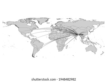 Digitally editable vector map showing  Asansol, India's position on the world map, and its connections with other major cities. File is suitable for editing and printing of all sizes.