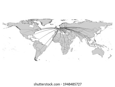 Digitally editable vector map showing  Amsterdam, Netherlands's position on the world map, and its connections with other major cities. File is suitable for editing and printing of all sizes.