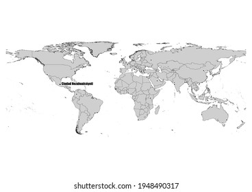 Digitally editable vector map showing  Ciudad Nezahualcóyotl, Mexico's position on the world map, and its connections with other major cities. File is suitable for editing and printing of all sizes.